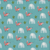 Cute Orange Foxes Blue Elephants on Green Quilting Fabric