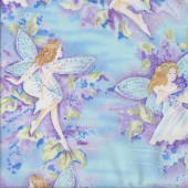 Fairies Fairy on Blue Purple Leaves Silver Metallic Kids Quilting Fabric