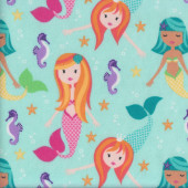 Mermaids Fairy Tails on Aqua Seahorses Girls Flannel Fabric