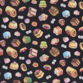 Delicious Cakes Cupcakes Tarts on Black Fancy Tea Quilting Fabric