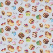 Delicious Cakes Cupcakes Tarts on Blue Fancy Tea Quilting Fabric