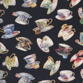 Gorgeous Floral Teacups on Black Fancy Tea Quilting Fabric
