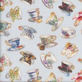 Gorgeous Floral Teacups on Blue Fancy Tea Quilting Fabric