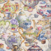Gorgeous Floral Teapots on Cream Fancy Tea Quilting Fabric