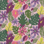 Festival Flowers Monstera Leaves on Pink Quilting Fabric
