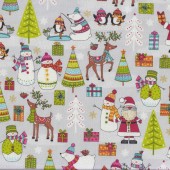 Christmas Trees Santa Snowman Festive Season on Light Grey Quilting Fabric