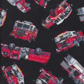 Fire Trucks on Black Quilting Fabric Remnant 33cm x 112cm