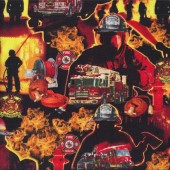 Firemen Flames Fire Engines Trucks Hoses on Black Quilting Fabric