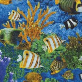 Tropical Fish Coral  on Blue Ocean Shark Attack Quilting Fabric