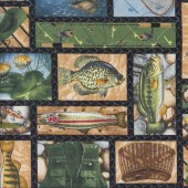 Fishing Gear in Rectangles and Squares Keep it Reel Mens Quilting Fabric