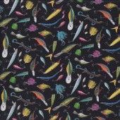 Fishing Bait Lures on Black Mens Sport Quilting Fabric