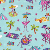 Pink Flamingos at the Beach on Light Blue Quilting Fabric