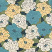 Pretty Blue Yellow Beige Flowers on Green Quilting Fabric