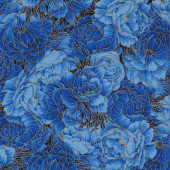 Pretty Blue Flowers with Metallic Gold Royal Plume Quilting Fabric