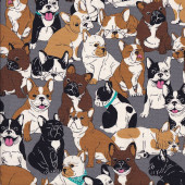 French Bulldogs on Grey Dogs Oxford Fabric