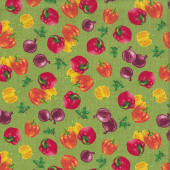 Capsicums and Onions on Green Healthy Eatery Fresh Vegetables Quilting Fabric