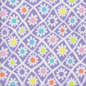 White Daisies in Purple Shapes on White Floral Quilting Fabric 