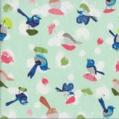 Frolicking Fairy Wrens on Pastel Jade Birds Quilting Fabric
