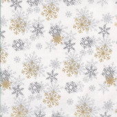 Snowflakes on White with Metallic Gold Frosted Forest Quilting Fabric