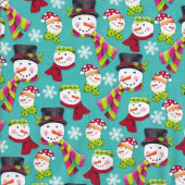 Christmas Snowmen with Hats Frosty Flakes on Green Quilting Fabric