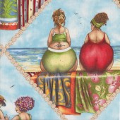 Fruit Ladies on Blue Beach LARGE PRINT Quilting Fabric