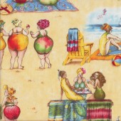 Fruit Ladies Relaxing at The Beach Deck Chairs Ocean Quilting Fabric