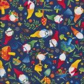 Gnome Worry Be Happy Garden Gnomes on Navy Quilting Fabric