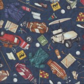 Golf Balls Bags Carts Shoes on Navy Sport Chip Shot Quilting Fabric