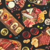 Grazing Platter Cheese Salami Olives Dip on Black Quilting Fabric