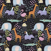Stylised Cartoon Animals Giraffe Elephant Harmony on Black Quilting Fabric