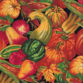 Pumpkins Vegetables Autumn Leaves Harvest Delight on Black Quilting Fabric