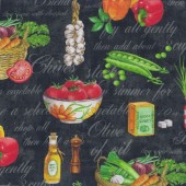 Vegetables Herbs Olive Oil Healthy Eatery on Black Quilting Fabric