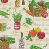 Vegetables Herbs Olive Oil Healthy Eatery on Cream Quilting Fabric