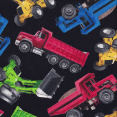 Heavy Construction Machinery Trucks Tractor Earthmoving on Black Quilting Fabric