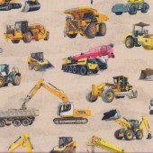 Heavy Construction Machinery Cranes Trucks on Beige Quilting Fabric