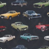 Holden Utes on Black Cars Aussie Icons Quilting Fabric