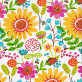 Bright Colourful Flowers and Bees on White Home Sweet Home Quilting Fabric