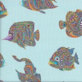 Colourful Fish with Metallic Gold on Light Blue Hooked on Fish Quilting Fabric
