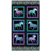Horsen Around Horses in Squares with Metallic Gold Fabric Quilting Panel