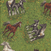 Horses Foals on Grass Countryside Quilting Fabric