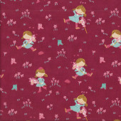 Girl Horse Toy Flowers on Burgundy Red Quilting Fabric