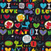 I Love My Cat Colourful Love Hearts in Black Kitten Quilting Fabric