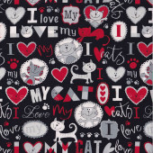 I Love My Cat Red Love Hearts in Black Kitten Quilting Fabric