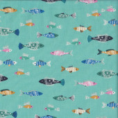 Into the Blue Colourful Fish on Jade Green Quilting Fabric