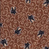 Japanese Black Cats on Brown Karakusa Pattern Quilting Fabric 2 Metre Pre Cut 