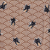 Japanese Black Cats Brown Waves Quilting Fabric 2 Metre Pre Cut 