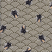 Japanese Black Cats Green Waves Quilting Fabric 2 Metre Pre Cut 