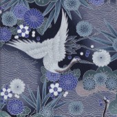 Japanese Cranes Flowers on Navy with Silver Metallic Bird Quilting Fabric
