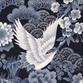 Japanese Cranes Iris Flowers on Navy with Silver Metallic Bird Quilting Fabric