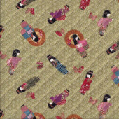 Japanese Dolls on Green Pre Quilted 1/2 Metre Pre Cut